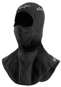 Alpinestars Winter Balaclava, Motorcycle Cold Weather Riding Balaclava, Black, featuring extended neck and chest fleece bib, breathable perforated mouth panel, and white printed logo details.