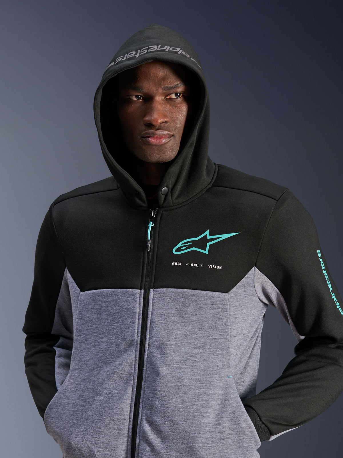 Alpinestars Chrome V2 Sport Hoodie, black and gray heather textile riding jacket for men with turquoise accents.