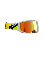 Alpinestars Supertech Corp Goggles Absolute Vision, Motocross Goggles, Yellow Fluo and Grey, Mirror Red lens, side view featuring wide peripheral vision and a fluo yellow strap with a bold black Alpinestars logo, professional off-road racing gear.