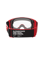 Alpinestars Vision Goggles OTG, Motocross Goggles, Red and Black with Clear Lens, back view showing black strap with 'ALPINESTARS ONE GOAL. ONE VISION.' text, thick multi-layer face foam, and red flexible frame for over-the-glasses fit
