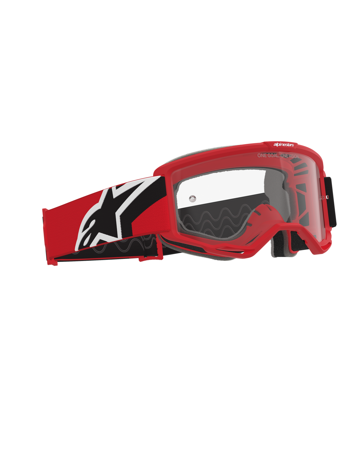 Alpinestars Vision Goggles OTG, Motocross Goggles, Red Black and White, clear polycarbonate lens, deep volume frame designed for prescription glasses, red and black strap with white Alpinestars logo
