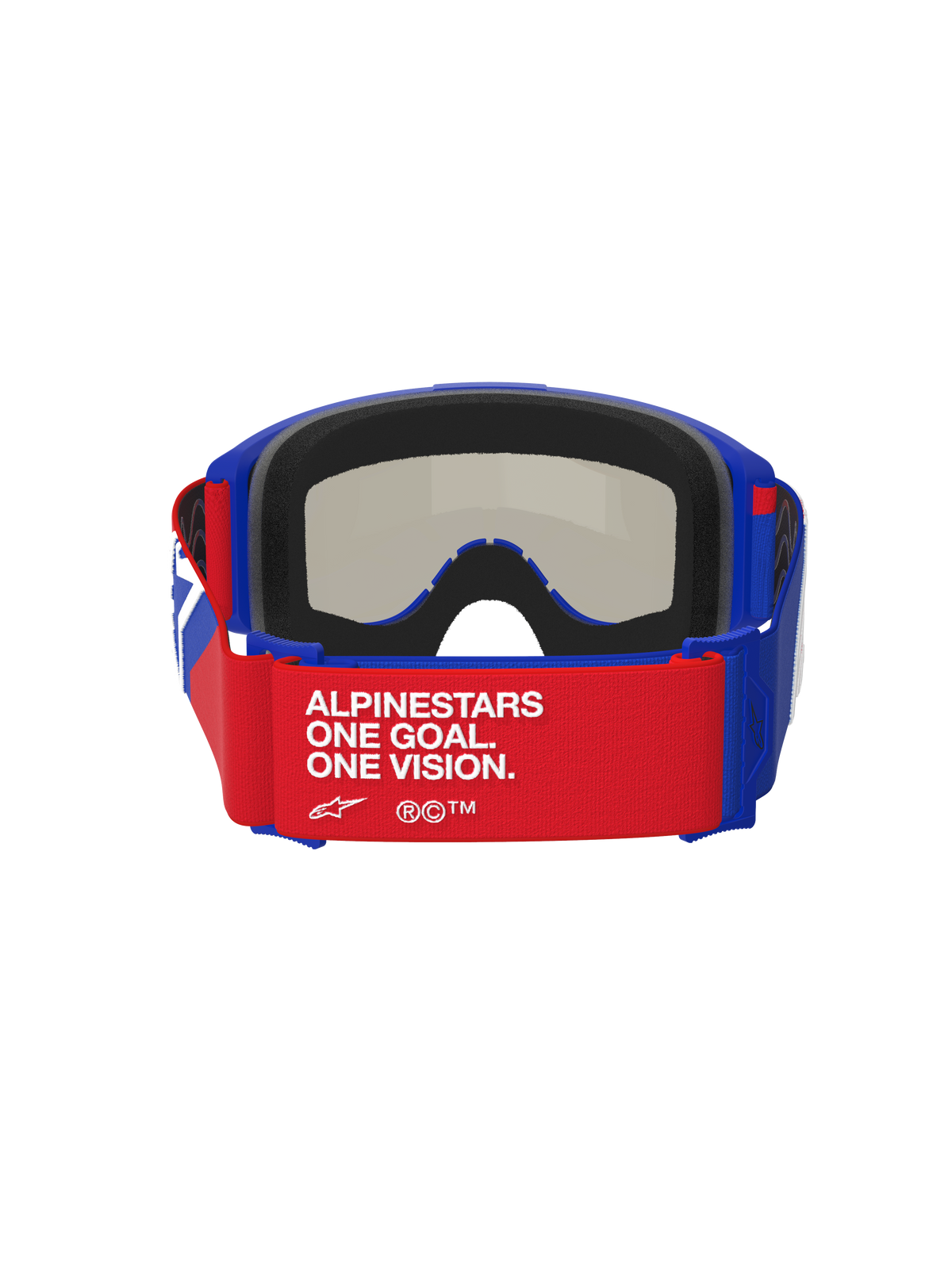 Alpinestars Vision Sand Goggles, Blue Red and White, rear view featuring a red strap with white 'ALPINESTARS ONE GOAL. ONE VISION.' text, blue frame with thick black foam padding, dark smoke lens visible from the inside, high-performance motocross goggles