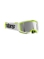 Alpinestars Vision 8 Wordmark Goggles, Motocross Goggles, White and Yellow Fluo frame, Mirror Silver lens, white woven strap with bold black wordmark branding, high-performance eye protection for off-road racing
