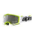 Alpinestars Vision 8 Wordmark Goggles, Motocross Goggles, White and Fluorescent Yellow frame with a Silver Mirror lens, featuring a white strap with bold black branding and A-FLEX frame for off-road racing performance.