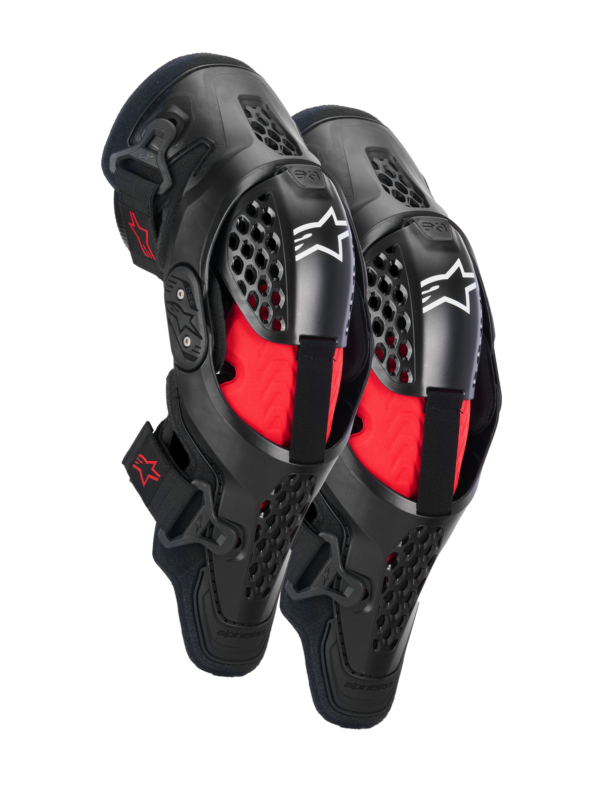 Alpinestars SX-1 Plasma Knee Protectors, Motocross Knee Protection, Black and Red, featuring semi-rigid ventilated frames, red inner padding, white Alpinestars logos on the kneecap, and a dual pivot hinge design for off-road performance