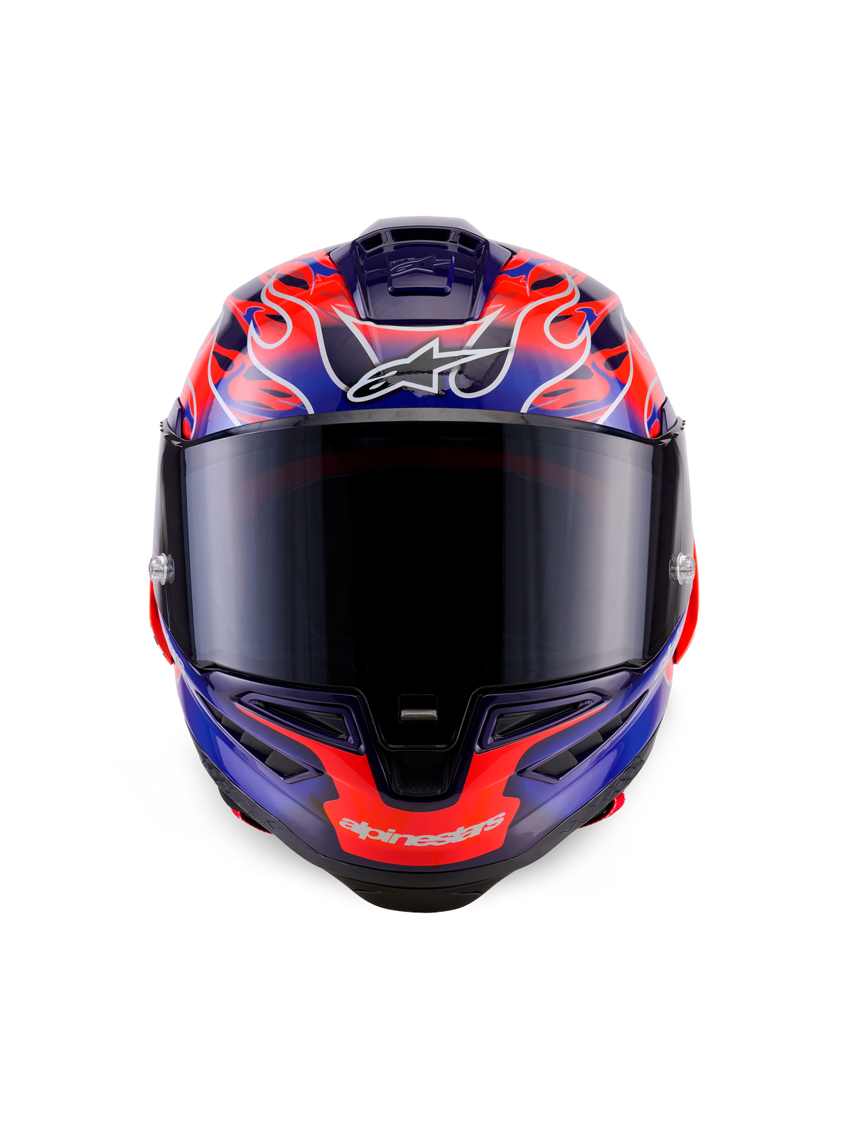 Alpinestars Supertech R10 Limited Edition Flyte Helmet, full-face racing helmet, front view, purple and orange flame motif, dark smoke visor, aerodynamic design for high-performance riding