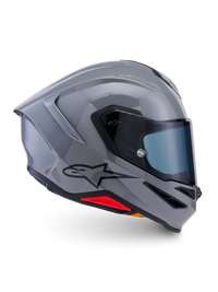 Alpinestars S-R7 Solid Helmet, Full-Face Motorcycle Helmet, Gray Glossy, side profile view showing aerodynamic shell with black Alpinestars logo and red base accents, high-performance racing gear