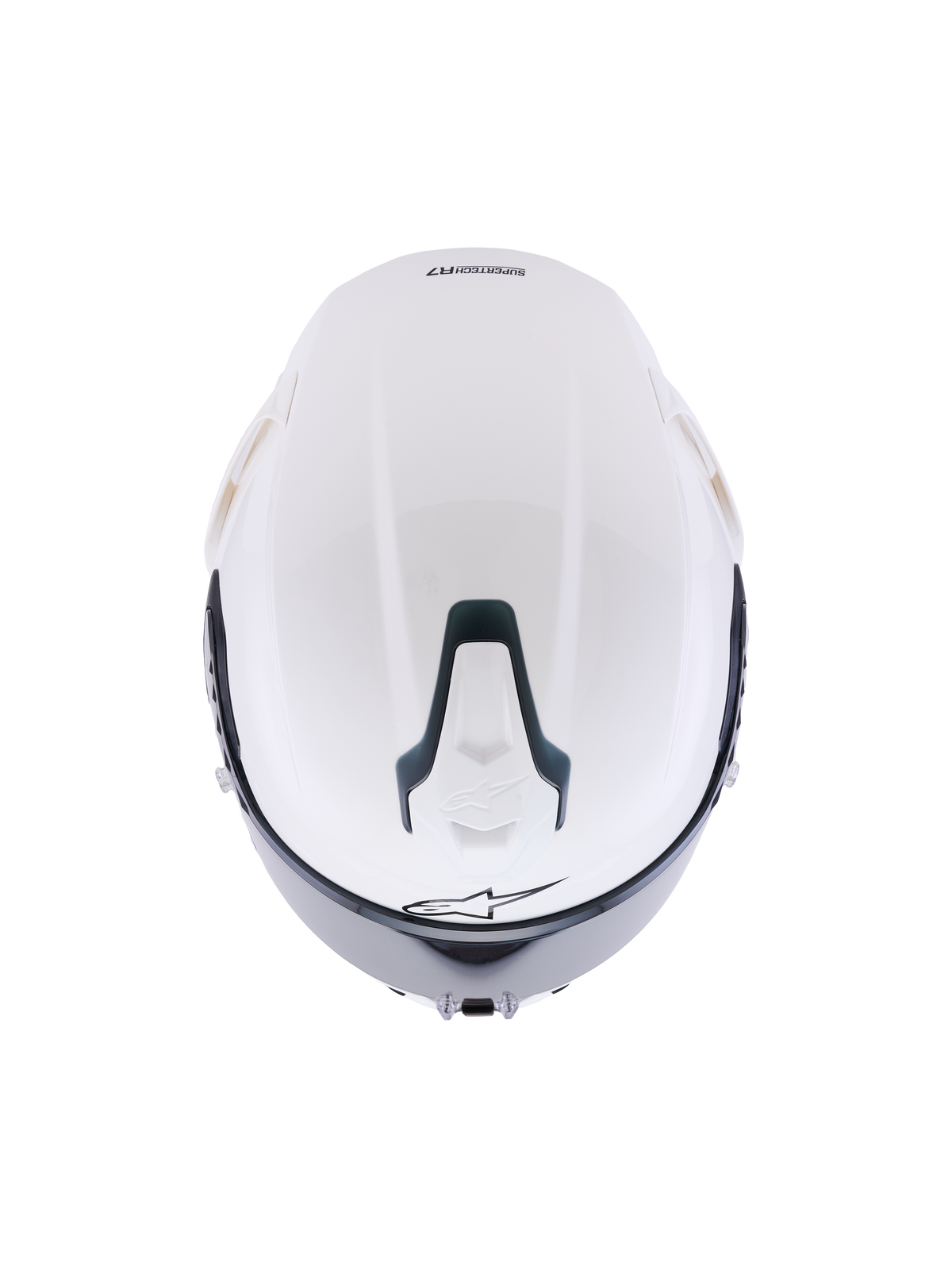 Alpinestars S-R7 Solid Helmet, White Glossy full-face motorcycle helmet, top-down view showing the aerodynamic shell, slidable top ventilation port with black accents, and signature star logo, sleek racing-inspired design for high-speed stability.