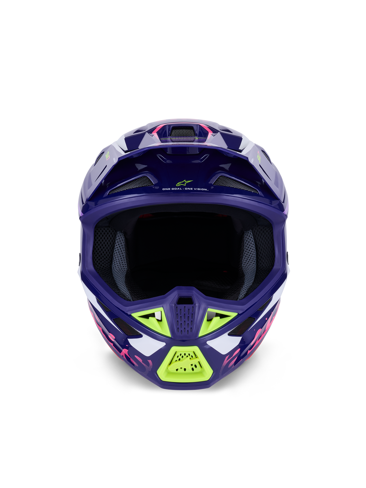 Alpinestars S-M7 Deed Helmet ECE 22.06, Motocross Helmet, Purple Pink Glossy with Lime Green and white accents, front view showing the wide eye port and ventilation system, aerodynamic composite shell design for off-road racing.