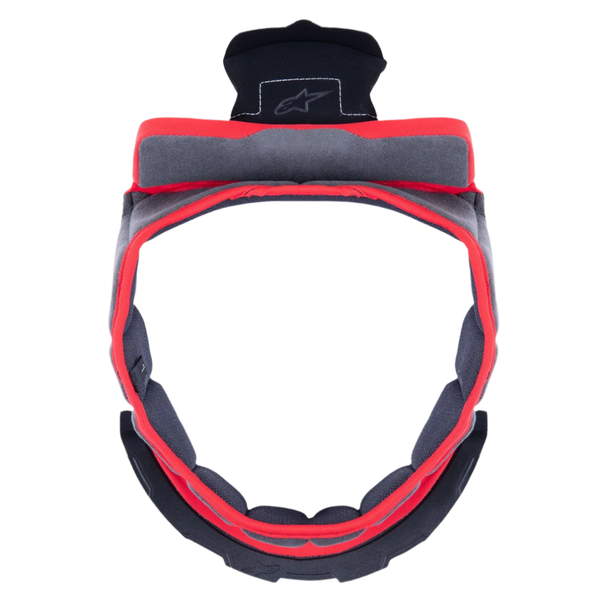 Alpinestars Supertech R10 Crown Pad, motorcycle helmet replacement padding, gray and red, soft cushioned foam construction with star logo, circular neck support insert