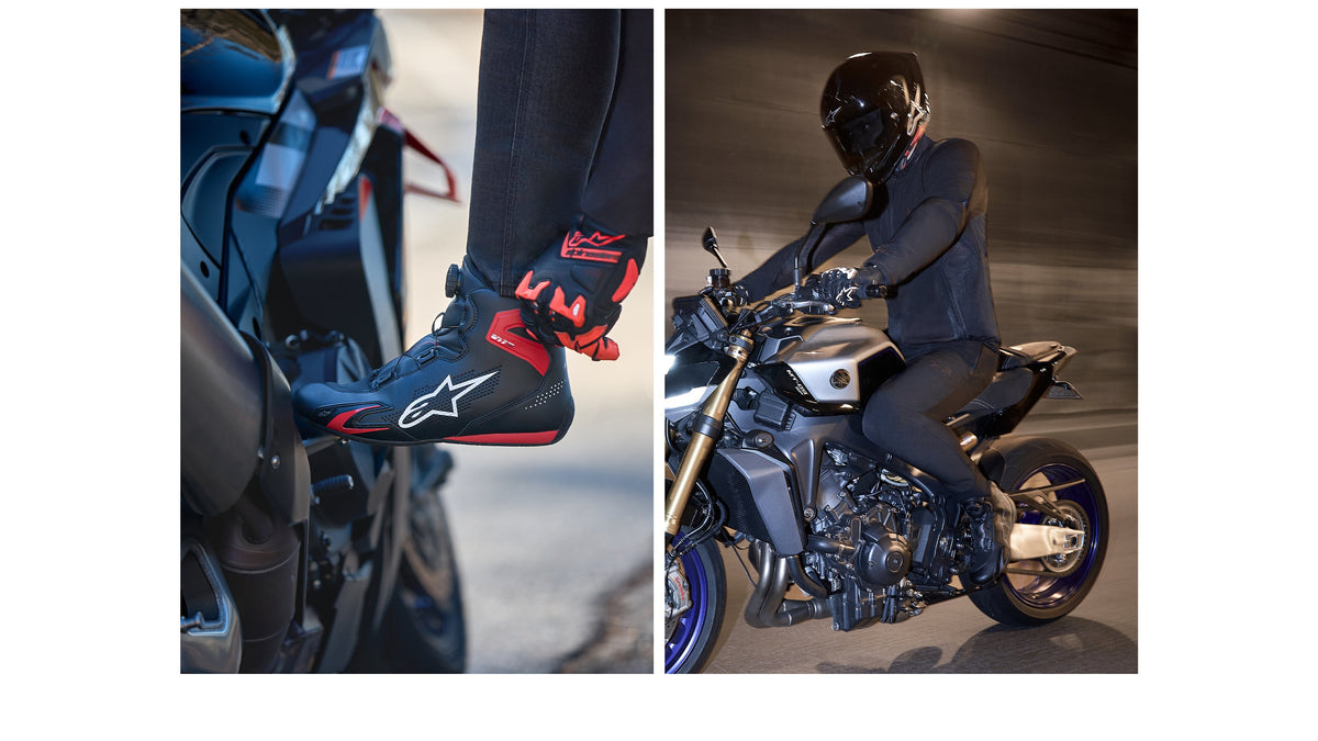 Alpinestars Celer Shoes, black and bright red motorcycle sport riding shoes with a rotor closure system and TPU protection.