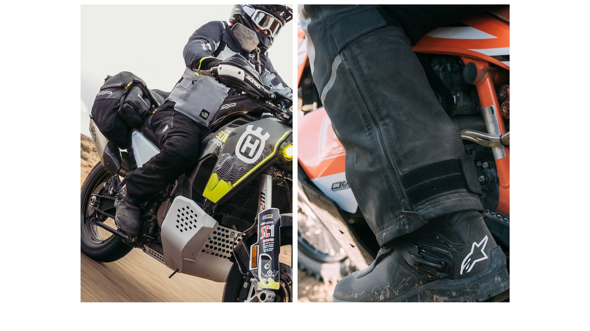 Alpinestars Cusco Drystar® Pants, Men's All Terra Adventure Pants, Walnut and Black waterproof textile, on-rider action.