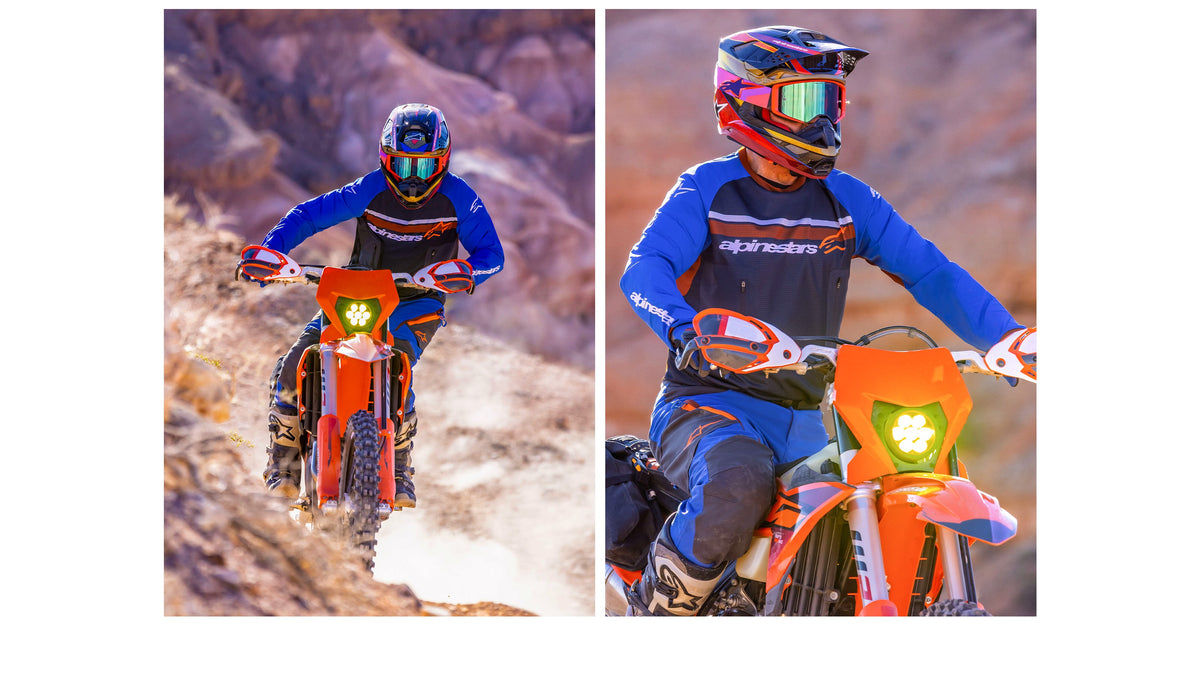 Alpinestars Maxdura Dual Jersey, Royal Blue and Gray adventure jersey with mesh torso, worn by an off-road motorcyclist.