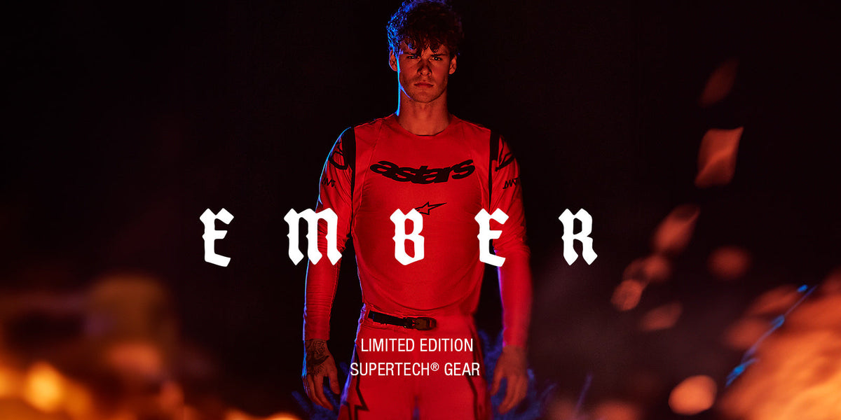 Alpinestars Limited Edition Supertech Ember Motocross Pants and Jersey, Red Fluo and Black, on model.