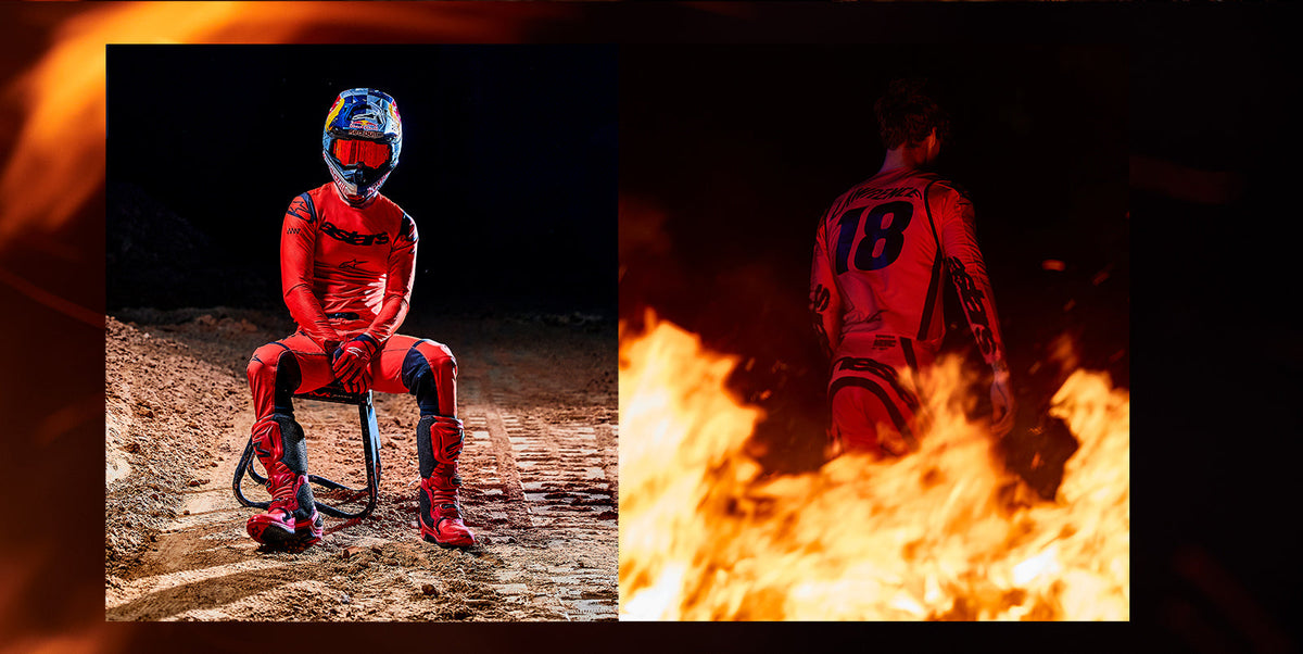 Alpinestars Limited Edition Supertech Ember Pants, Red Fluo and Black motocross gear set for professional off-road racing.