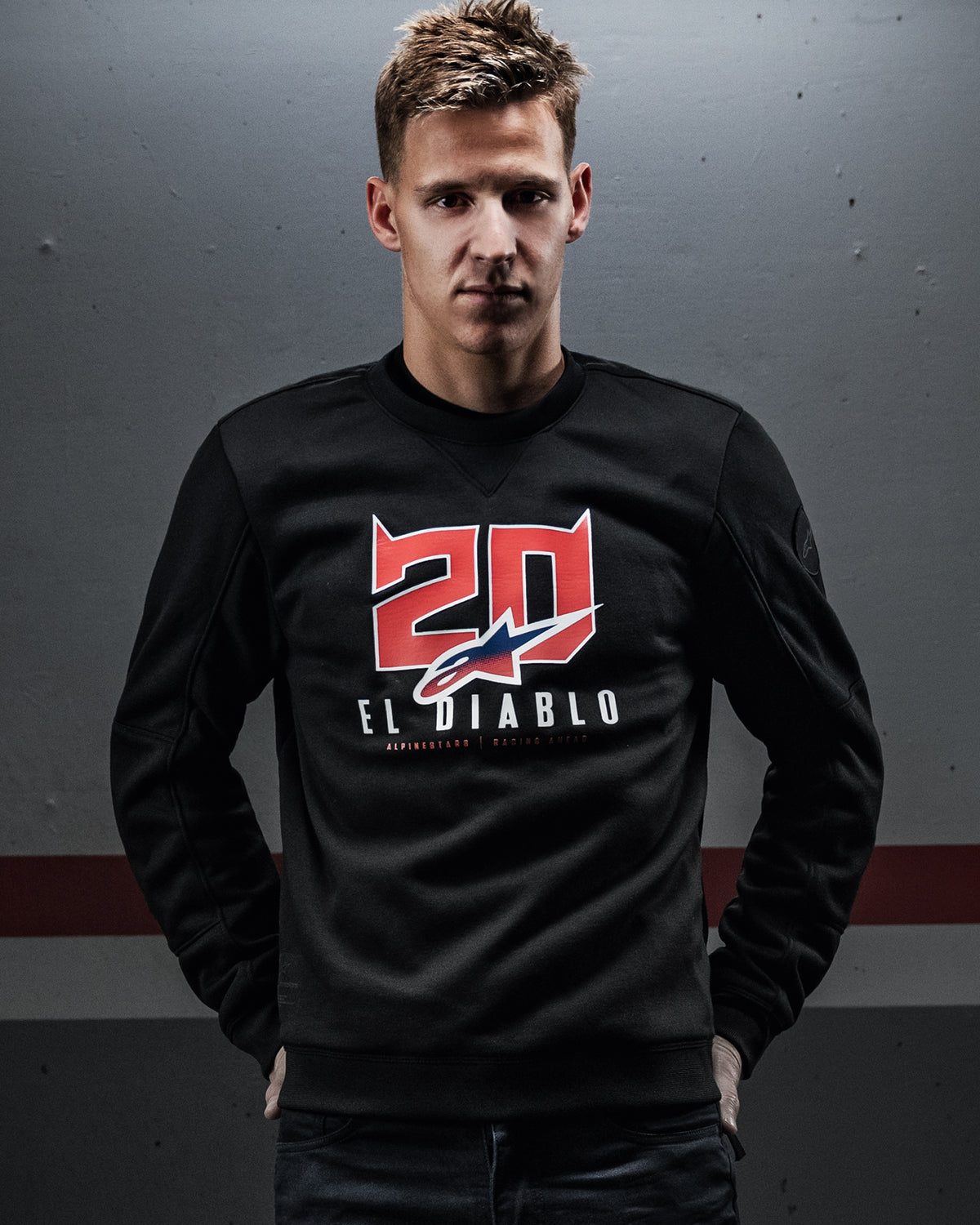 Alpinestars FQ20 Legit Crew Fleece, black urban motorcycle sweatshirt with red Fabio Quartararo El Diablo chest graphic, on-model.