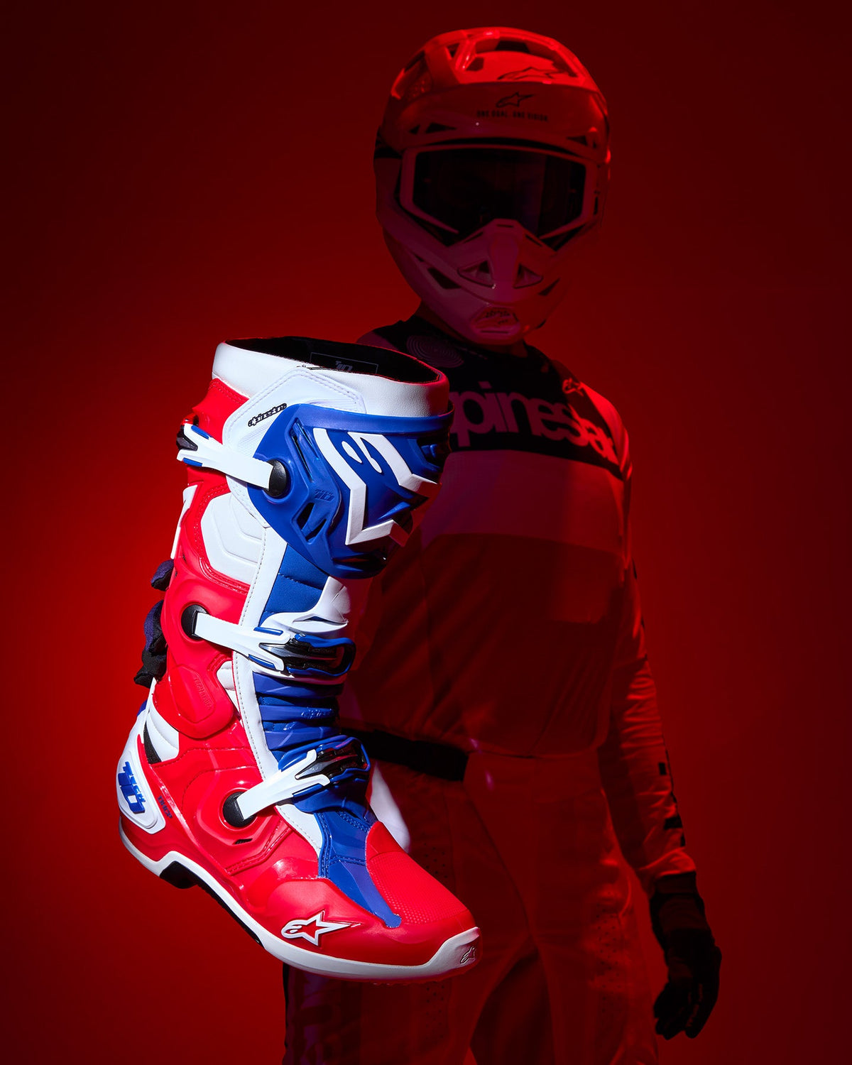 Alpinestars Tech 10 Fortitude Boot and Techstar Jersey, red white blue limited edition motocross gear.