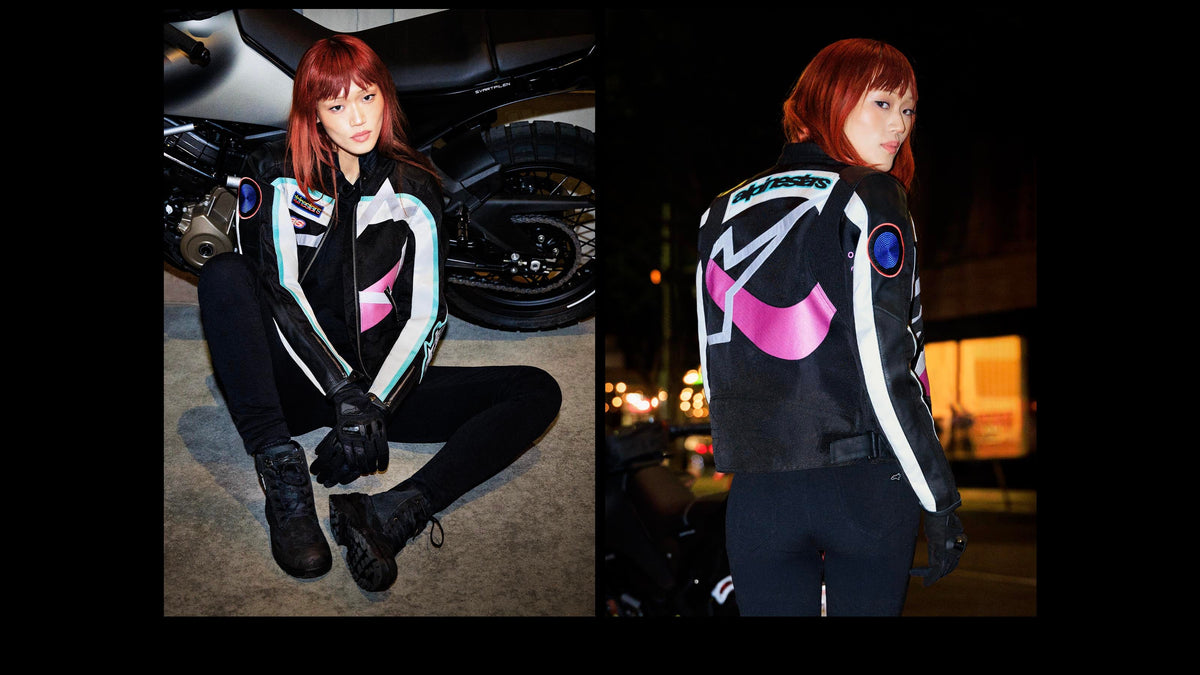 Alpinestars Idles Women's Jacket, urban gear in black and purple, showing front and back views of the vintage racing design.
