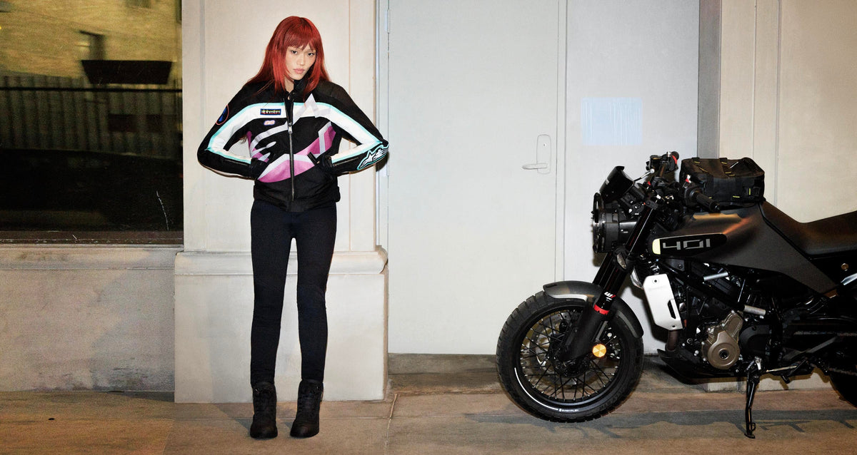 Alpinestars Idles Women's textile jacket, black and purple urban motorcycle style with heritage logos.
