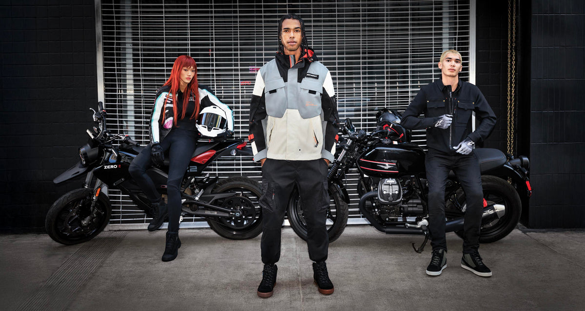 Alpinestars Mospher Waterproof Jacket, Gray and Black Urban Motorcycle Parka, styled on-model with street motorcycles.