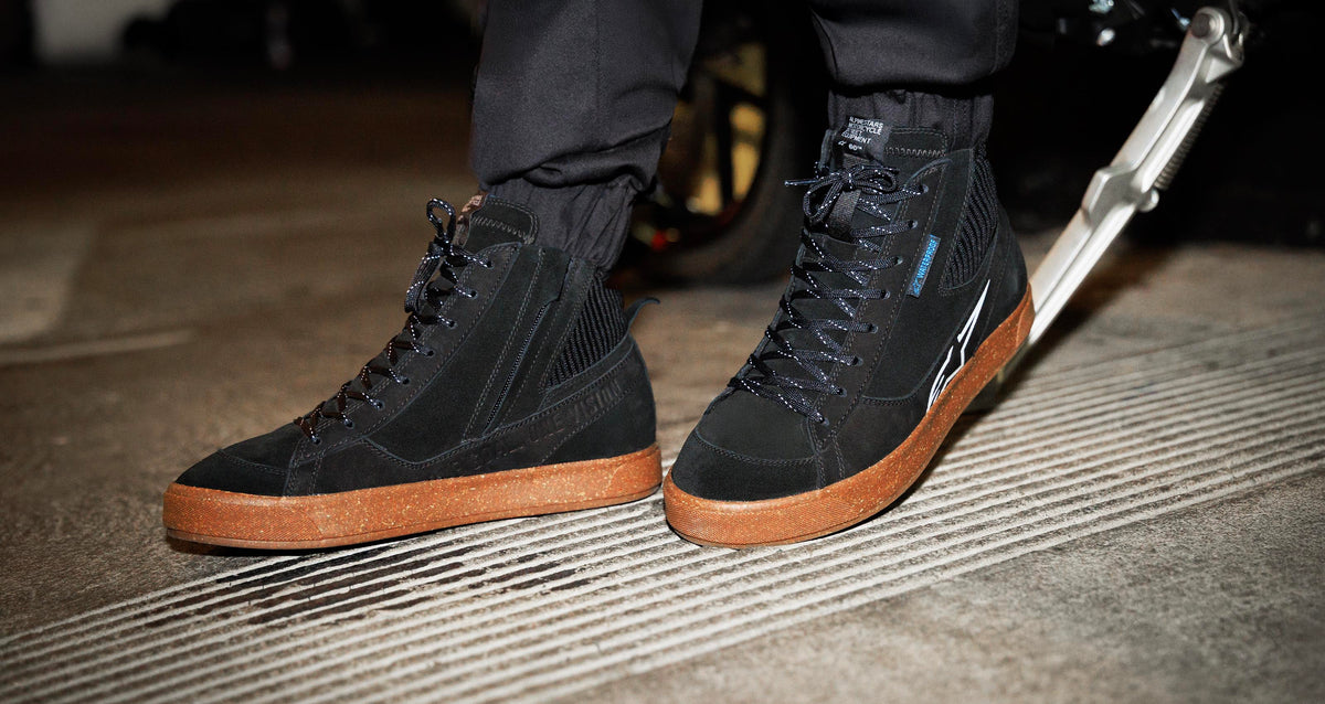 Alpinestars Stated Waterproof Shoes, Black and Gum urban motorcycle riding shoes, featuring skate-inspired leather design.