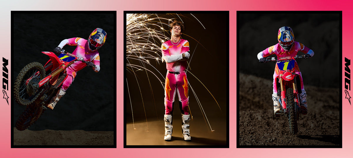 Alpinestars Limited Edition Supertech AFD MIG Jersey and Pants, Pink and White motocross gear set shown on a rider.