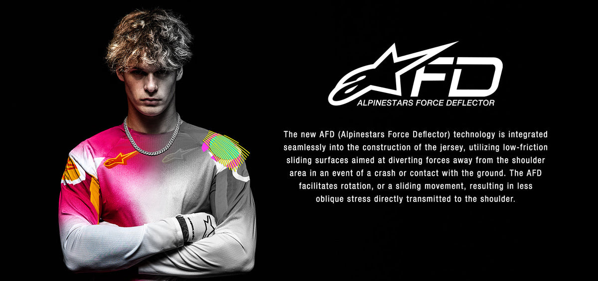 Alpinestars Limited Edition Supertech AFD MIG Jersey, Pink and White Men's Motocross Gear with Force Deflection technology.
