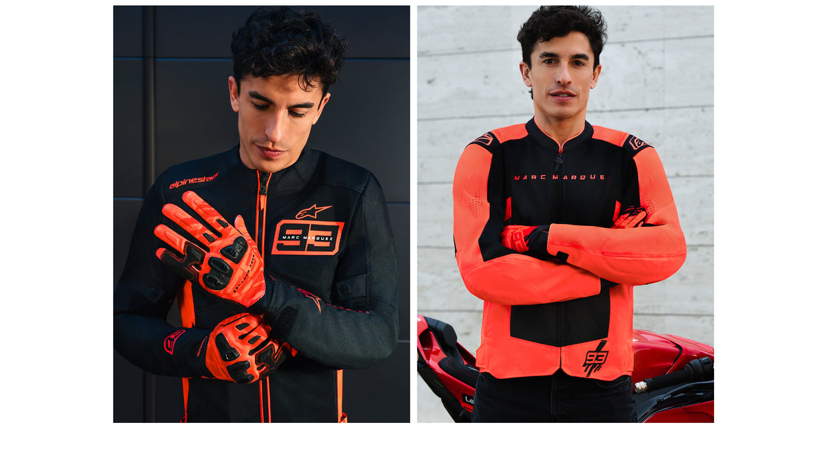 Marc Márquez wearing Alpinestars MM93 T-SPS Air V2 and C-1 Air Jackets, black and red fluo motorcycle racing gear.