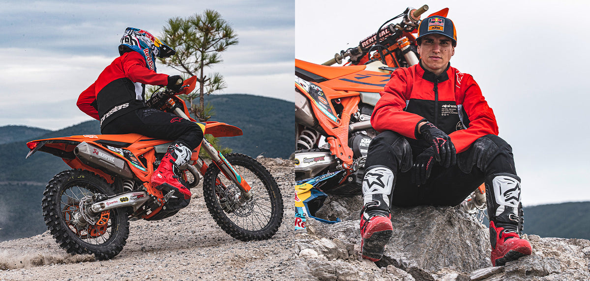 Alpinestars Pro-Dura Jacket, technical enduro gear for men, black and red, shown on-model with a KTM off-road motorcycle.