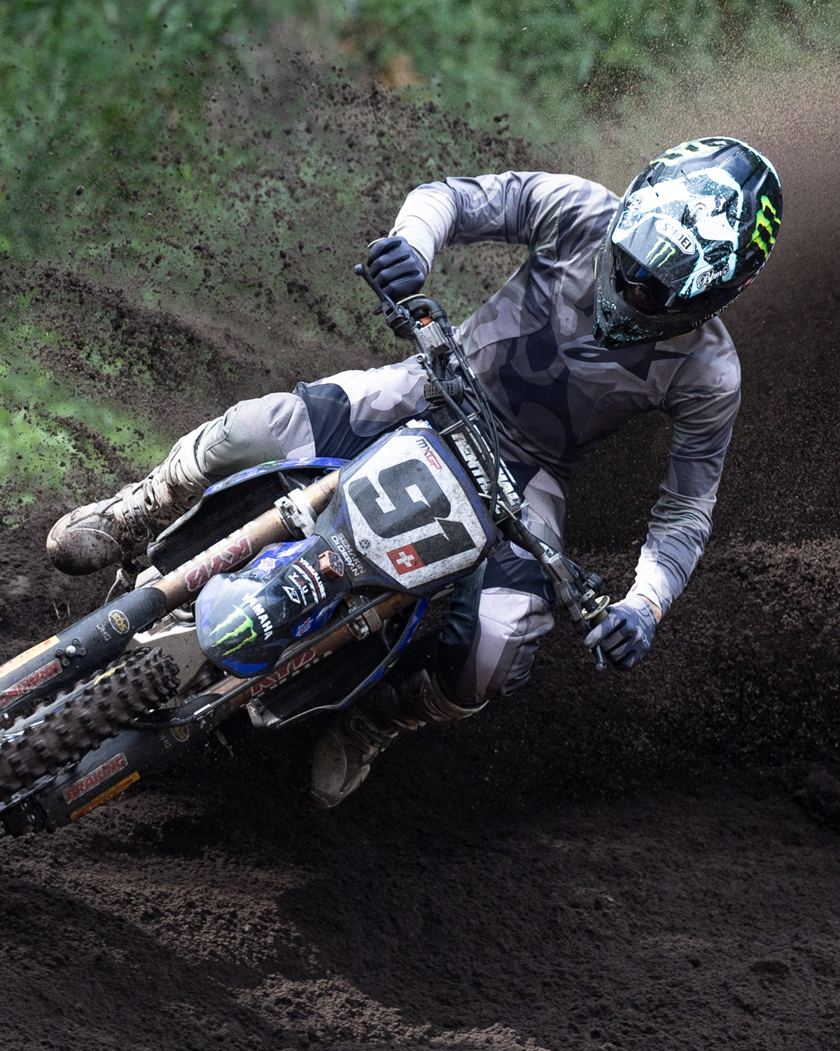 2024 Alpinestars Racer Tactical Jersey in Iron Camo Dust Gray, Jeremy Seewer racing through dirt on a motocross bike.