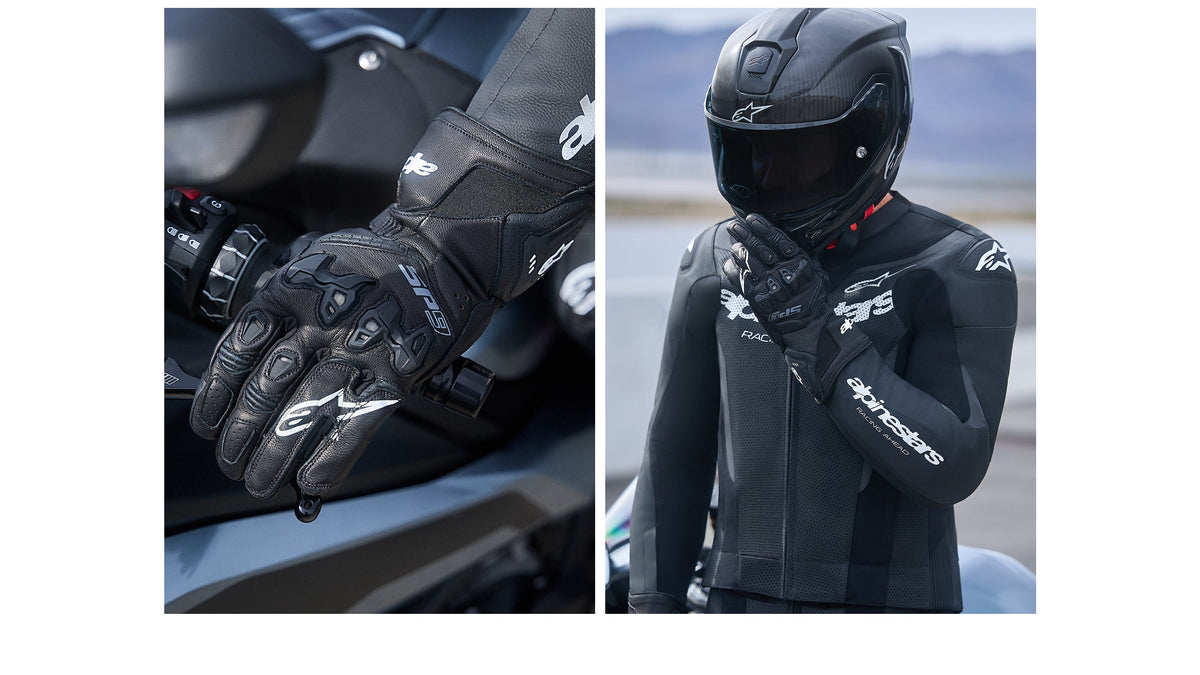 Alpinestars SP-9 Gloves, black and white leather motorcycle racing gloves with SP-R knuckle protection on a rider.