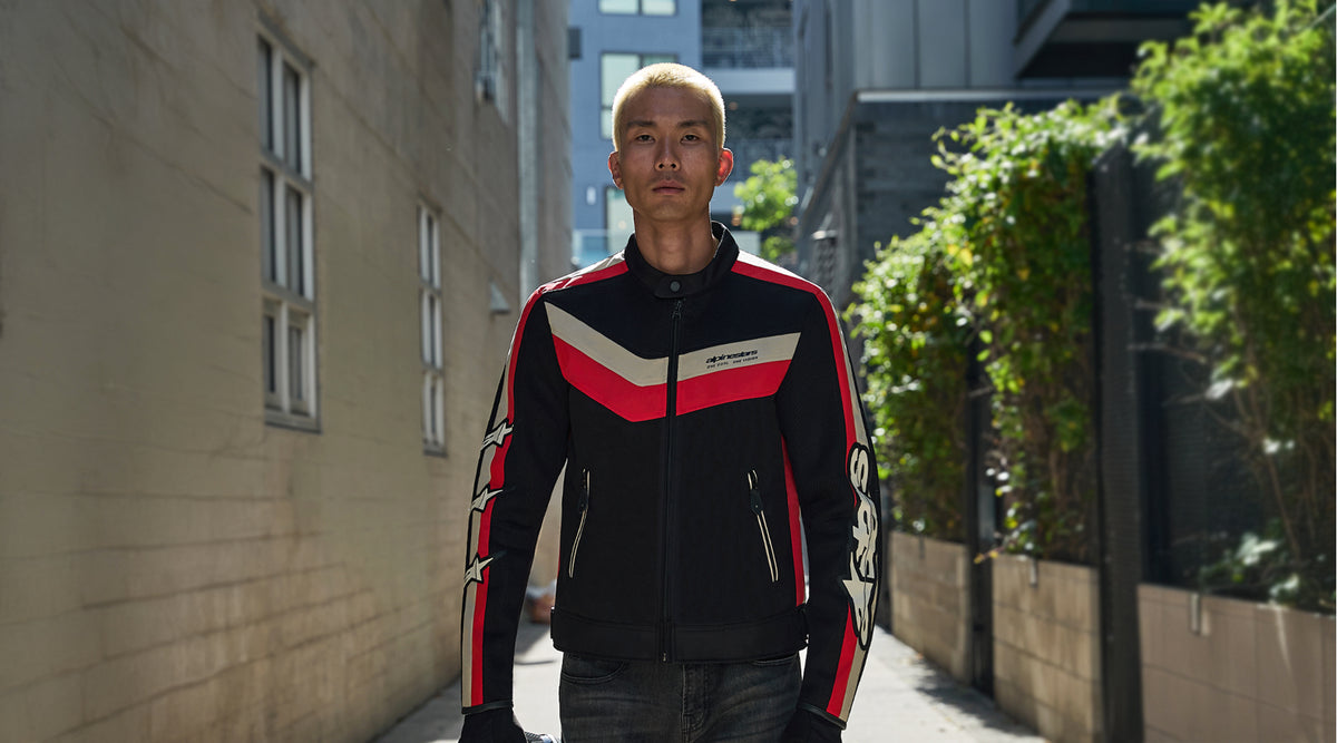 Alpinestars T-Dyno Water Resistant Jacket, urban men's textile motorcycle jacket, Black with Red and Ecru stripes.