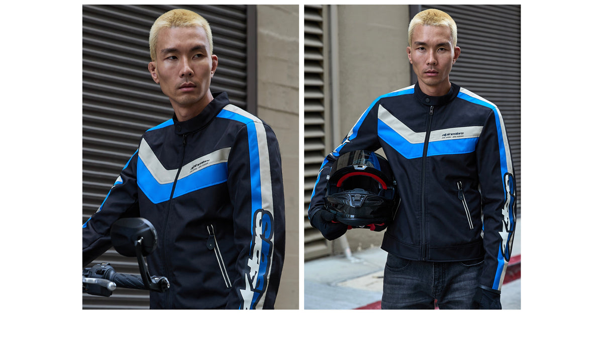 Alpinestars T-Dyno Water Resistant Jacket, Men's Black, Blue, and Ecru textile motorcycle jacket, vintage fit, on model.