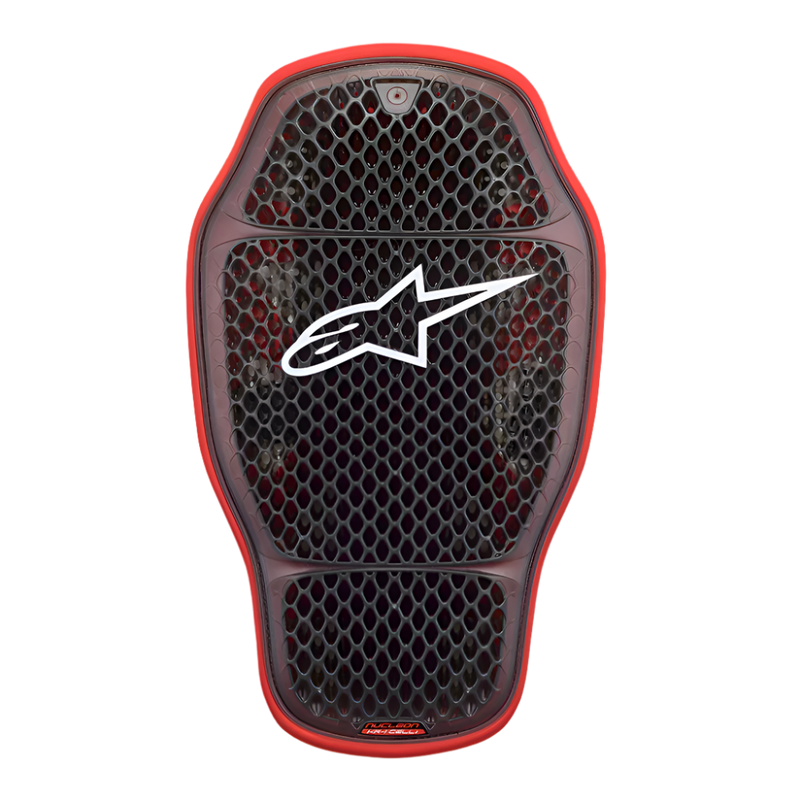 Alpinestars Nucleon KR-1 Cell i Back Protector, Motorcycle Back Protector Insert, Transparent Smoke Red, featuring a honeycomb micro-structure cell design with a white Alpinestars logo in the center, lightweight and ergonomic protective gear.