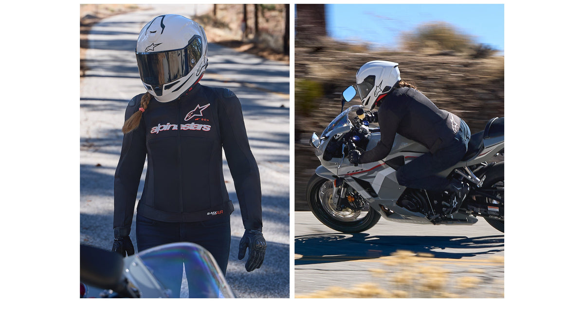 Alpinestars Stella SMX Air Jacket, women's black sport motorcycle jacket with red fluo logos, riding on a winding road.
