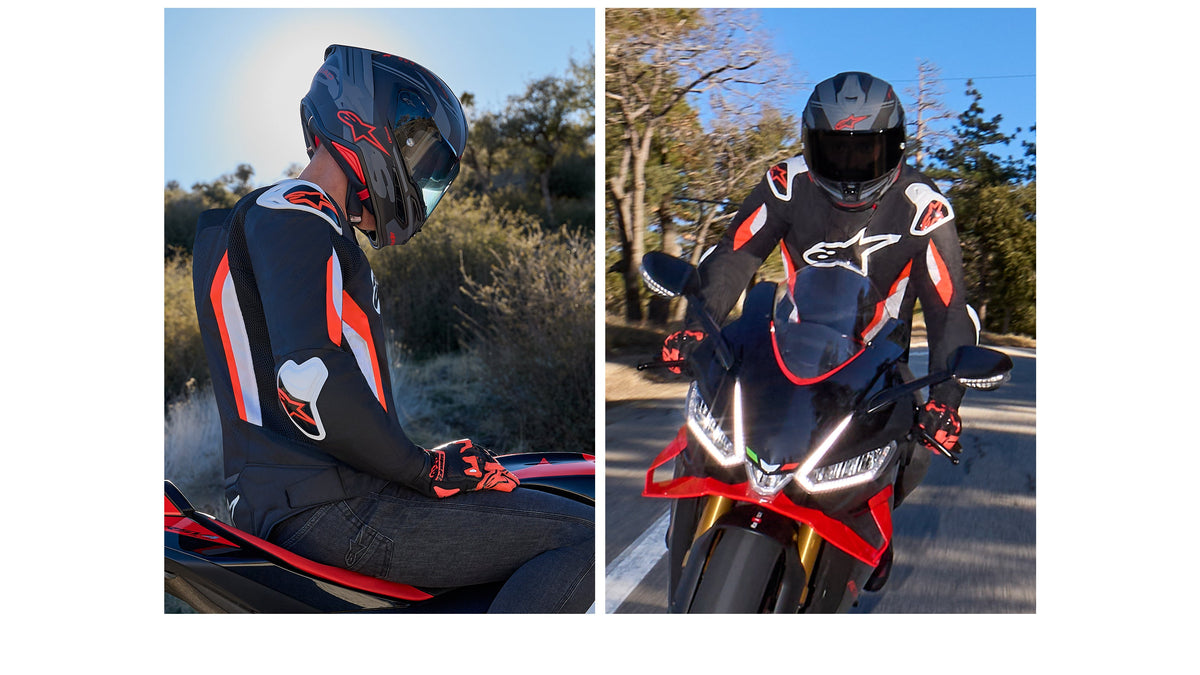 Alpinestars T-GP Air Jacket, men's black and red textile sport racing jacket with aero hump and mesh ventilation, on-model.