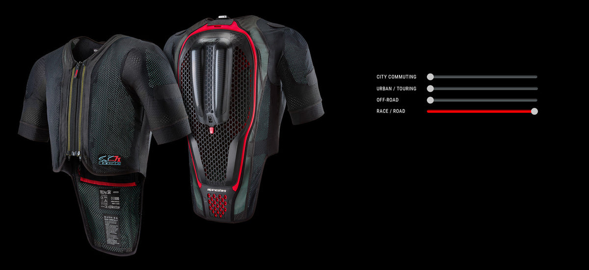 Alpinestars Tech-Air 7X System, Black and Red Motorcycle Airbag Vest, FIM-approved for racing and road performance riding.