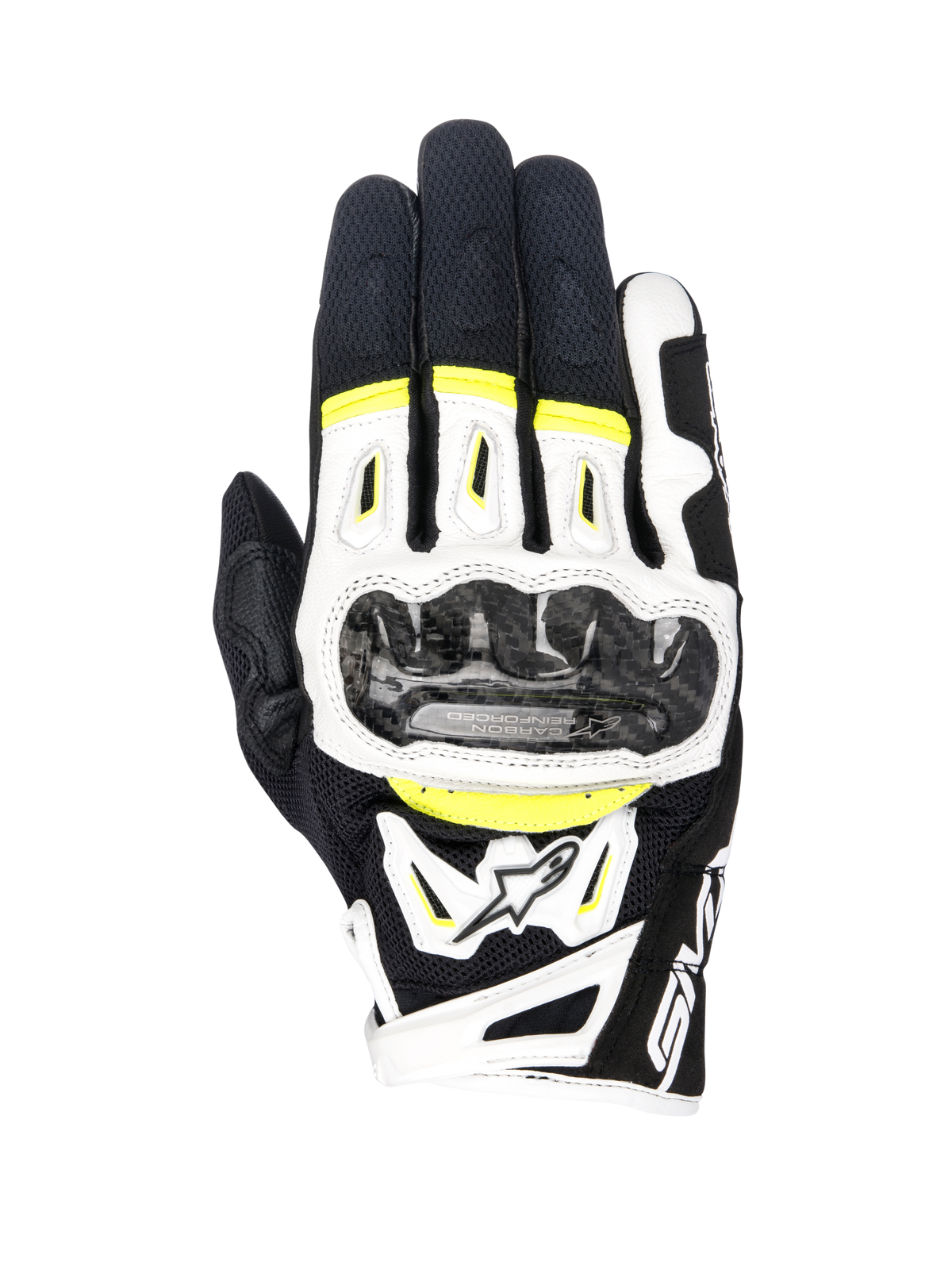 Alpinestars SMX-2 Air Carbon V2 Gloves, Motorcycle Gloves, Black White and Yellow Fluo, featuring carbon fiber knuckle guards, 3D mesh and leather construction, sporty road gear with fluorescent accents