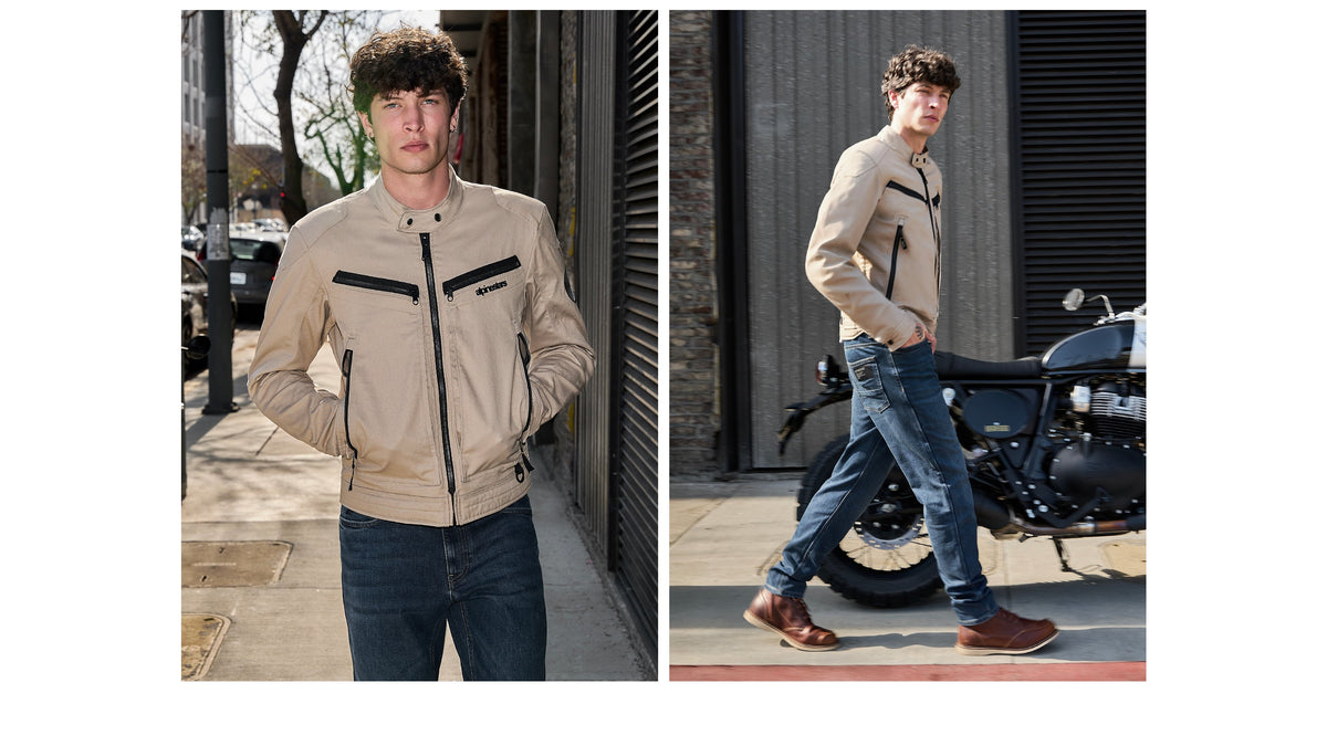Alpinestars Bruiser Jacket in Aluminum, men's urban textile motorcycle jacket, Tech-Air Ready, shown on-model in city setting.