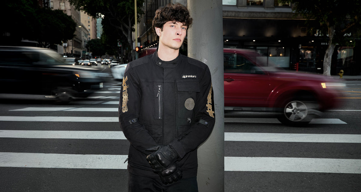 Alpinestars Dice Jacket, Men's Black Urban Motorcycle Field Jacket, Tech-Air Ready protection with tan heritage branding.