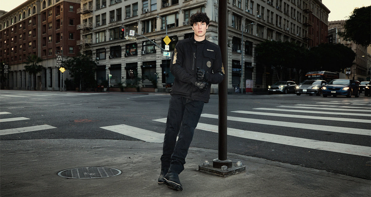 Alpinestars Dice Jacket, Men's Urban Contemporary Black field-style riding jacket in polycotton, worn on a city street.