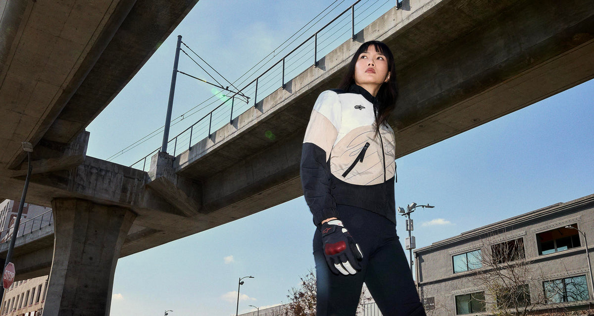 Alpinestars Stella Moshell Jacket, women's black and sand urban motorcycle jacket with protective textile.