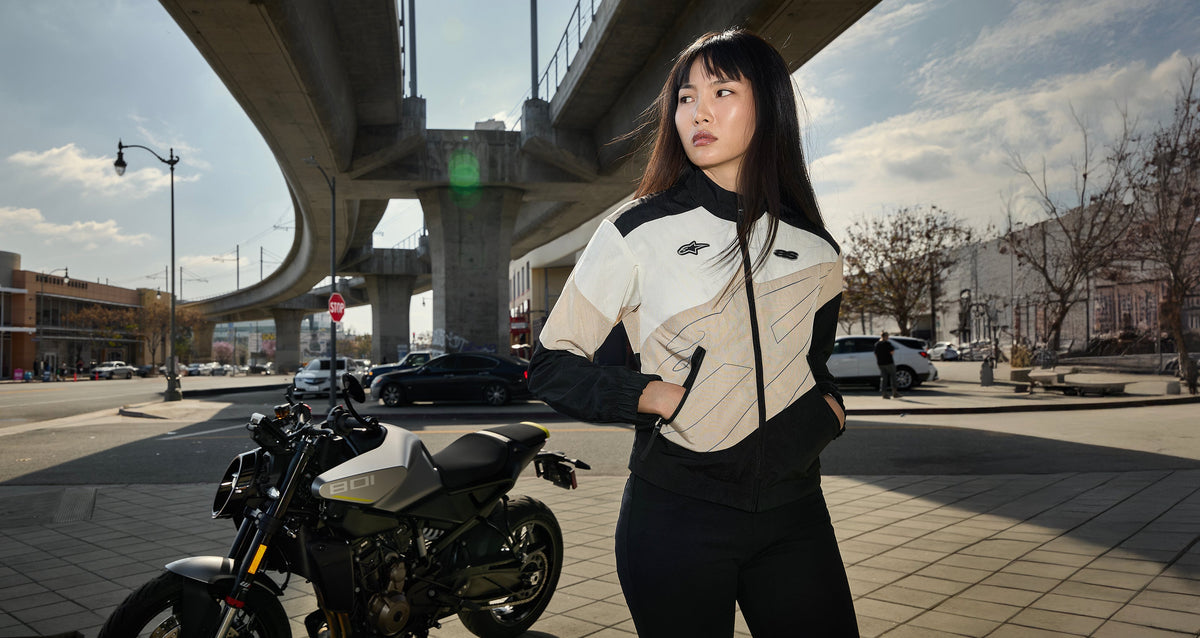 Alpinestars Stella Moshell Jacket, women's urban motorcycle jacket, black and sand, CE Class A windproof recycled textile.