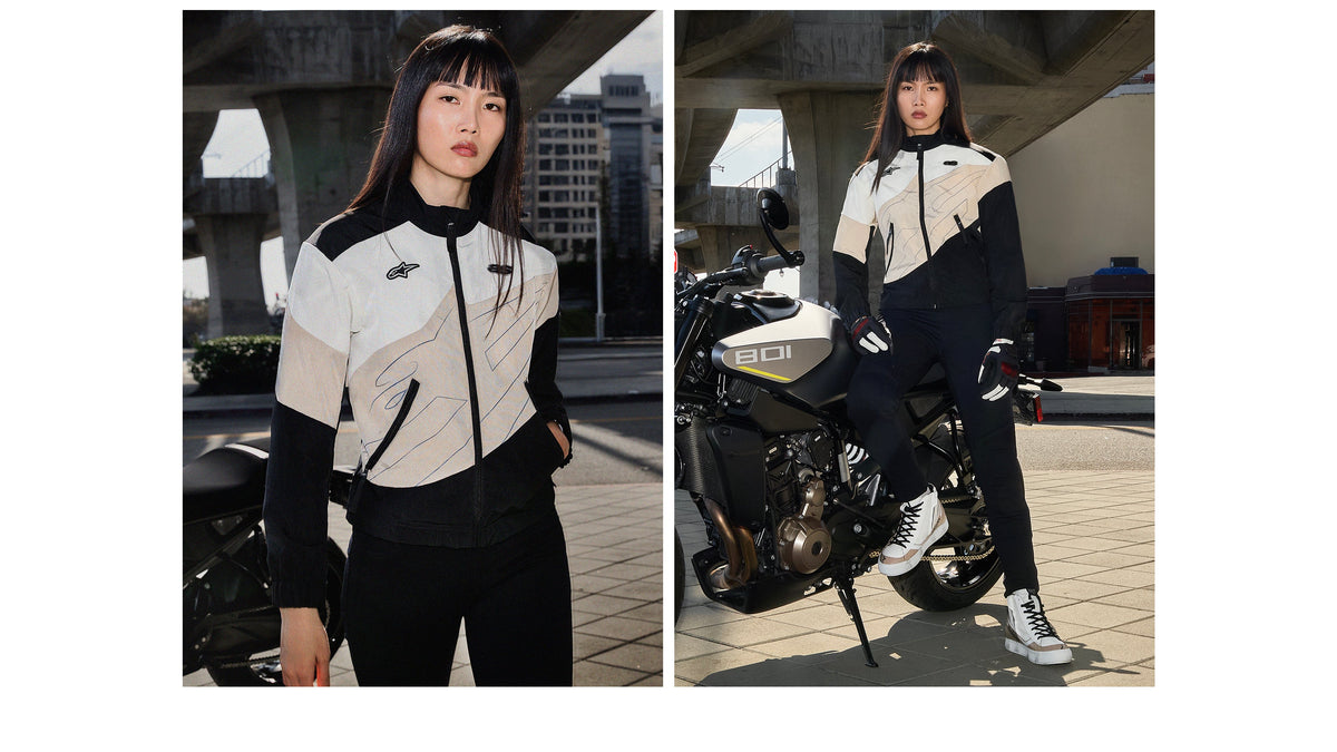 Alpinestars Stella Moshell Jacket, women's urban riding jacket in black and sand with asymmetrical windproof textile shell.