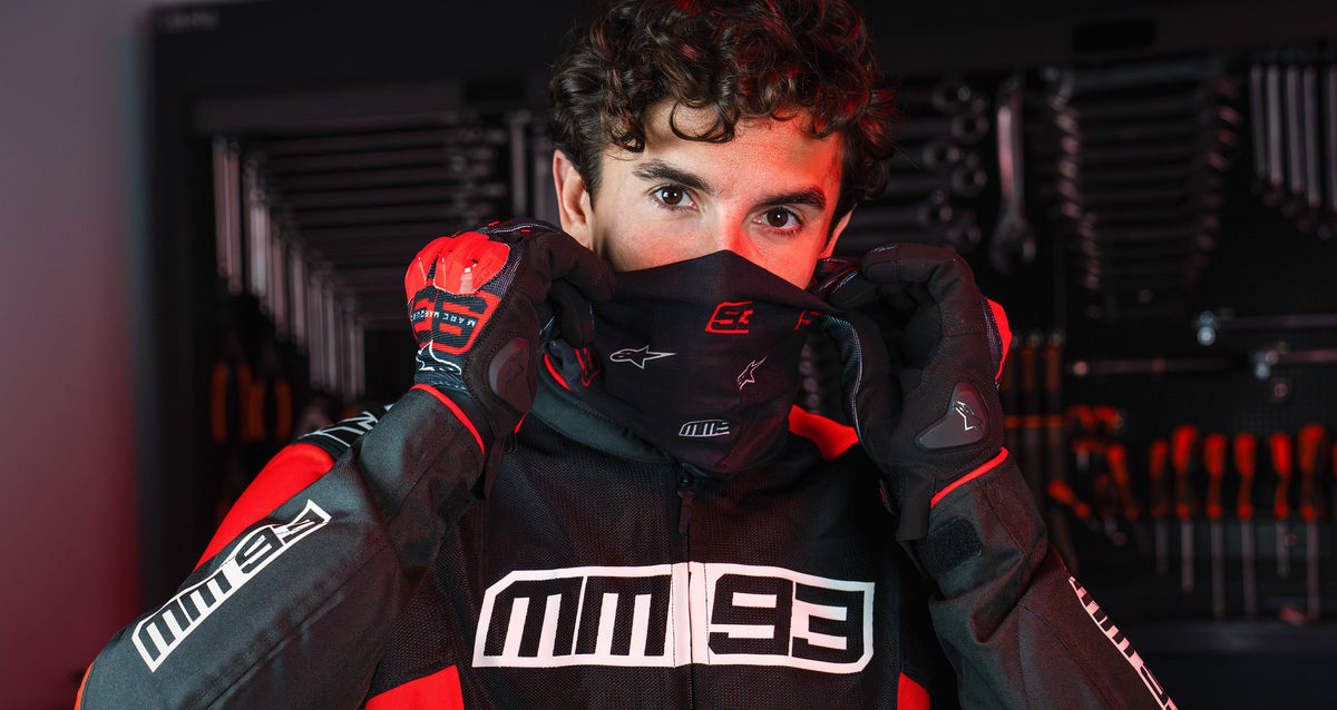 Alpinestars MM93 Neck Tube, black and red motorcycle neck gaiter for road racing, Marc Márquez signature edition.