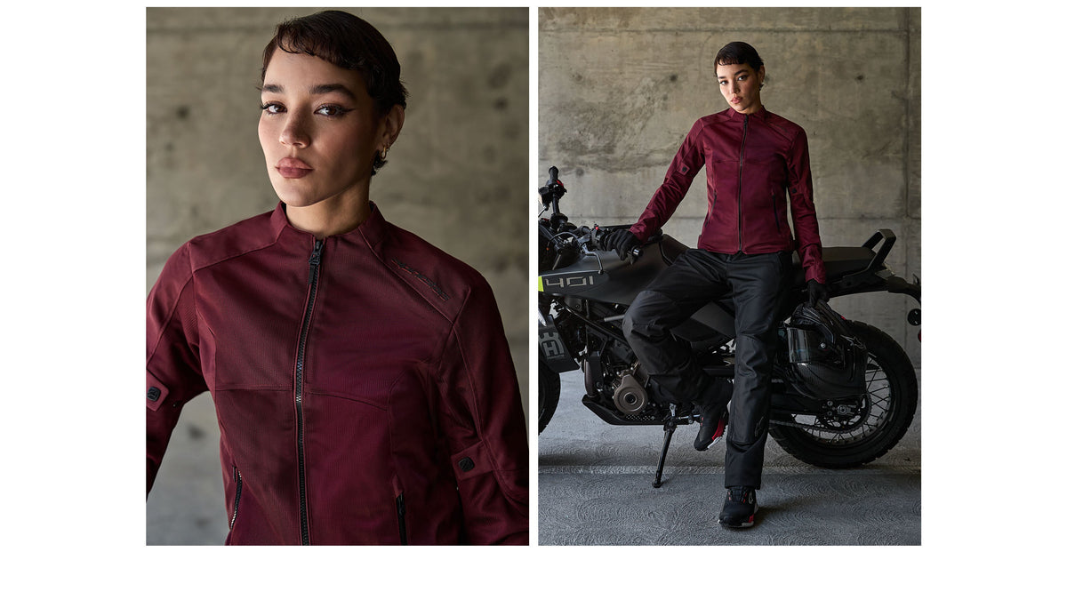 Alpinestars Stella C-1 Air Jacket, women's brown mesh urban riding gear, CE certified, on-model with a motorcycle.