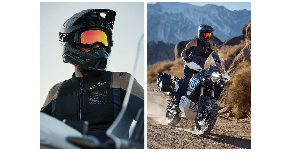 Alpinestars ST-2 Air Jacket, Ice Gray and Black textile adventure motorcycle jacket, worn by a rider during off-road touring.