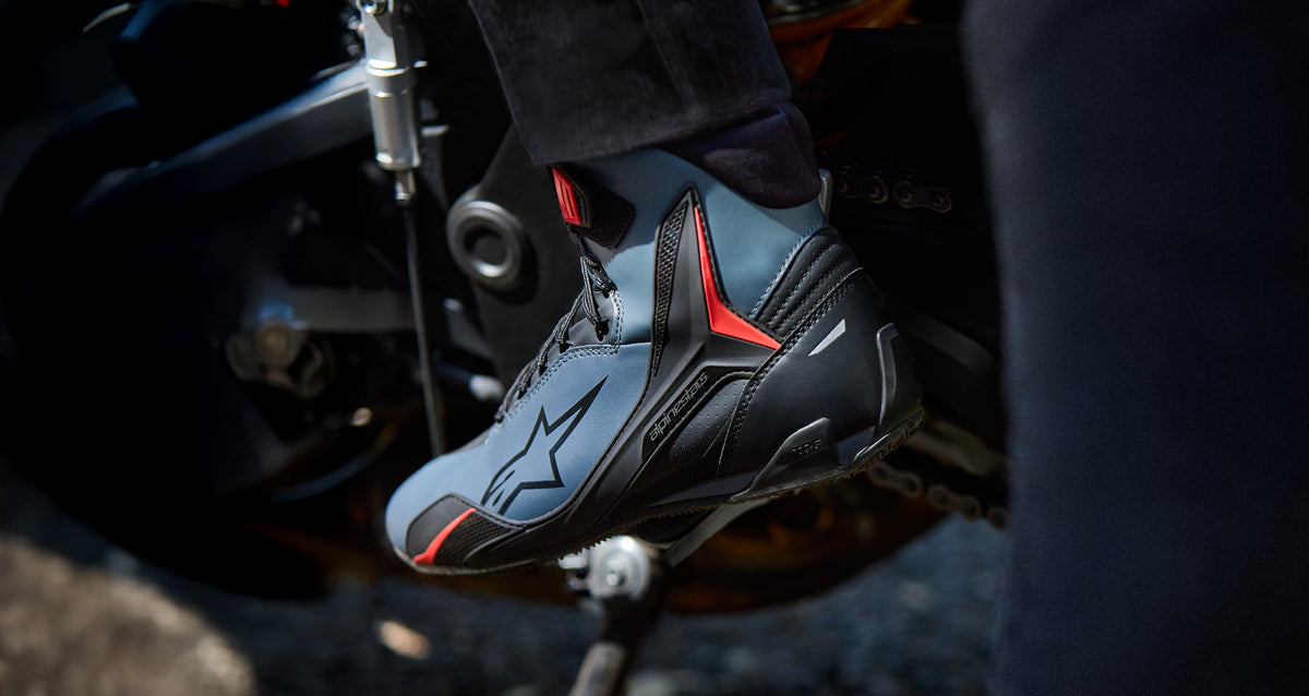 Alpinestars Faster-4 Shoes, Men's Motorcycle Riding Shoes in Black, Gray, and Red Fluo with TPU protection.