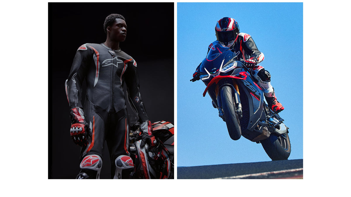 Alpinestars GP Tech V5 Leather Suit - 1 Piece, Motorcycle Racing, Men, Black and Red, Leather, shown on-model and in action.