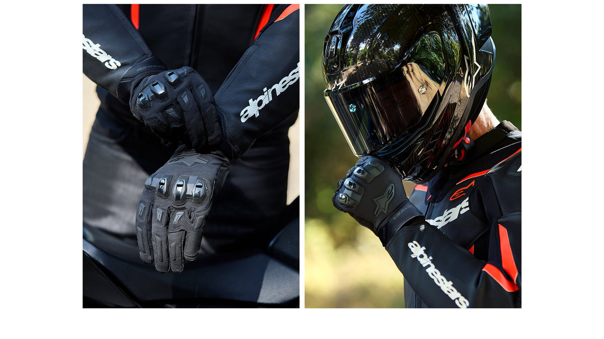 Alpinestars SP X Z Waterproof Gloves in black, featuring TPU knuckle guards for all-weather motorcycle sport and road riding.